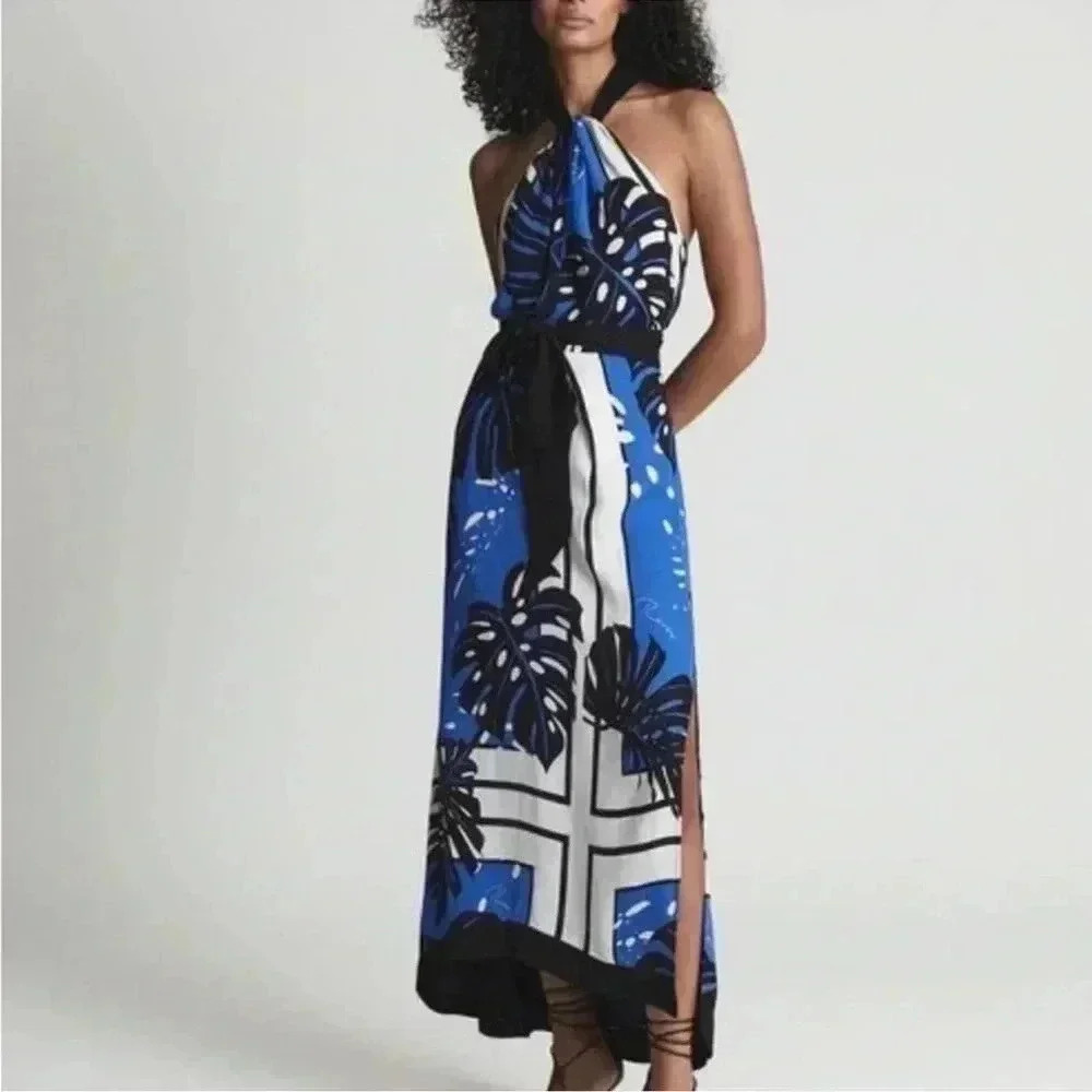 Reiss Blue Black White Printed Halter Maxi Dress